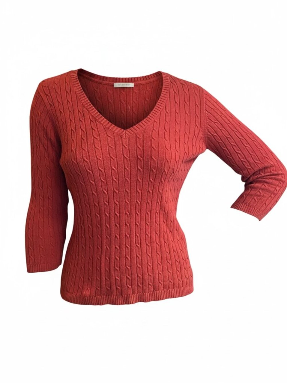 August Silk Knits Cotton Cable Knit V-Neck Sweater Sz M Red #211M